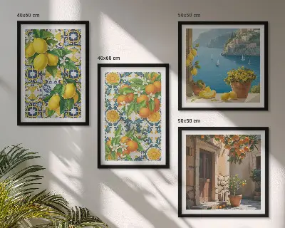 Set of 4 wall art prints featuring lemons, flowers, and oranges with an Italian theme