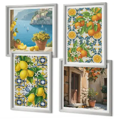 Set of 4 wall art prints featuring lemons, flowers, and oranges with an Italian theme