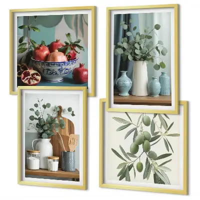Wall art set with green olives and eucalyptus
