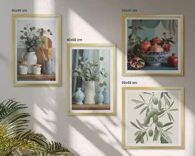 Wall art set with green olives and eucalyptus
