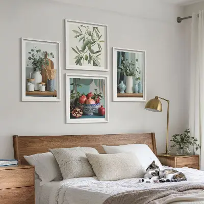 Wall art set with green olives and eucalyptus