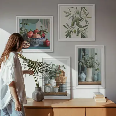 Wall art set with green olives and eucalyptus