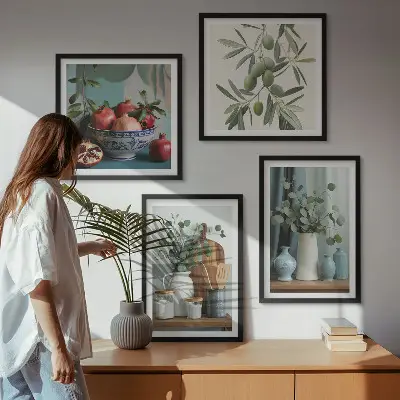 Wall art set with green olives and eucalyptus