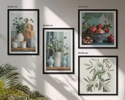 Wall art set with green olives and eucalyptus