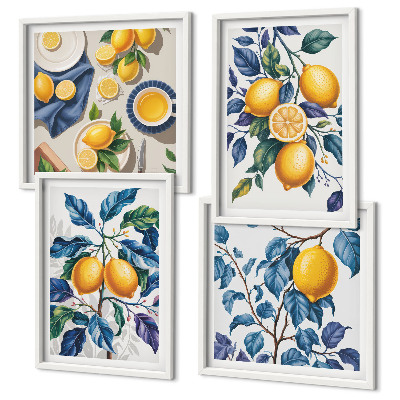 Set of 4 wall art pieces Lemon branches blue leaves