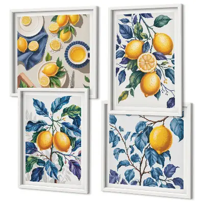 Set of 4 wall art pieces lemon branches with blue leaves