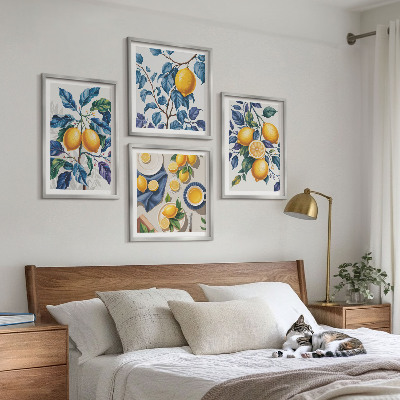 Set of 4 wall art pieces Lemon branches blue leaves