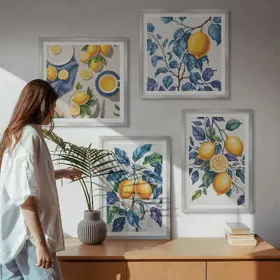 Set of 4 wall art pieces lemon branches with blue leaves