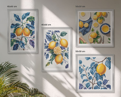 Set of 4 wall art pieces Lemon branches blue leaves
