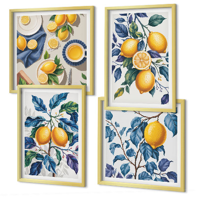 Set of 4 wall art pieces Lemon branches blue leaves