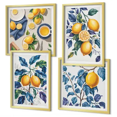 Set of 4 wall art pieces lemon branches with blue leaves