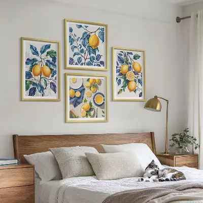 Set of 4 wall art pieces lemon branches with blue leaves