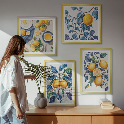 Set of 4 wall art pieces Lemon branches blue leaves