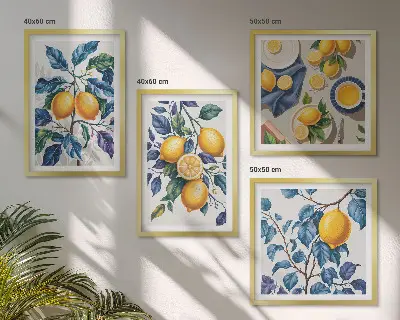 Set of 4 wall art pieces lemon branches with blue leaves