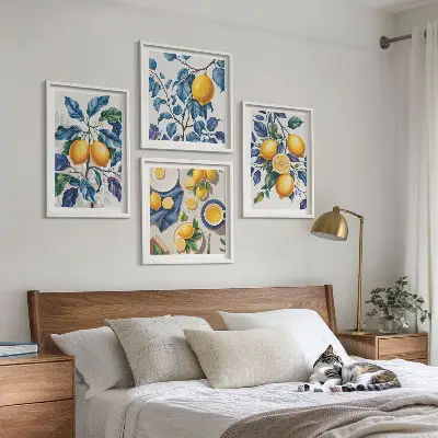 Set of 4 wall art pieces lemon branches with blue leaves