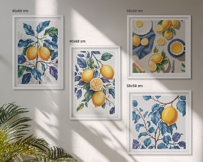 Set of 4 wall art pieces Lemon branches blue leaves