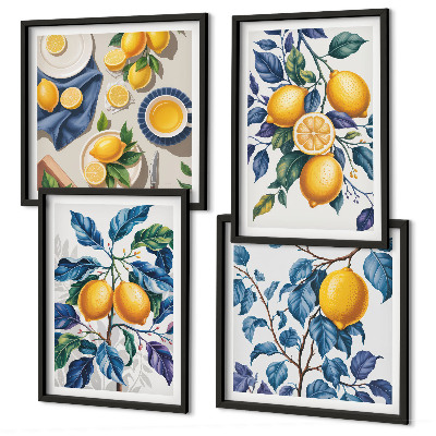 Set of 4 wall art pieces Lemon branches blue leaves