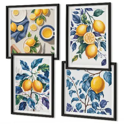 Set of 4 wall art pieces lemon branches with blue leaves