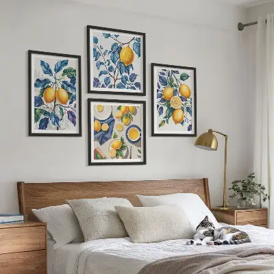 Set of 4 wall art pieces lemon branches with blue leaves