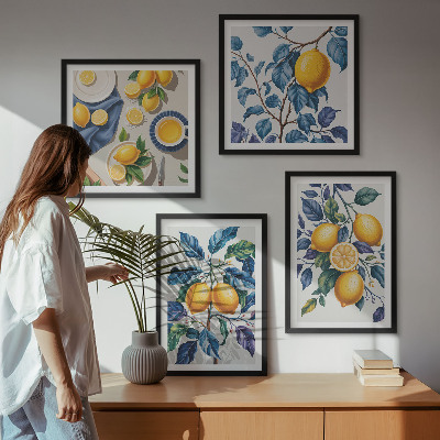 Set of 4 wall art pieces Lemon branches blue leaves