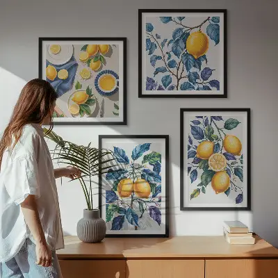 Set of 4 wall art pieces lemon branches with blue leaves