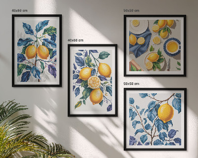 Set of 4 wall art pieces Lemon branches blue leaves