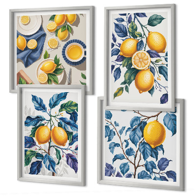 Set of 4 wall art pieces Lemon branches blue leaves