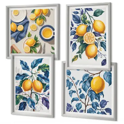 Set of 4 wall art pieces lemon branches with blue leaves