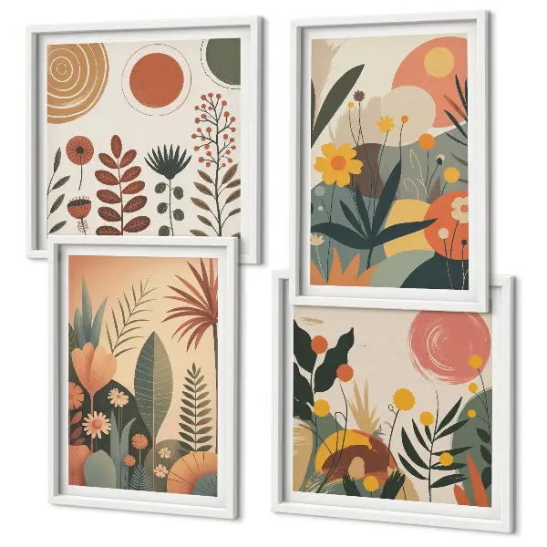 Multi-piece wall art set with boho plant prints and warm patterns