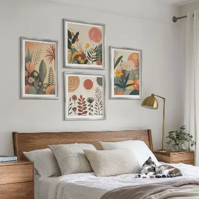 Multi-piece wall art set with boho plant prints and warm patterns