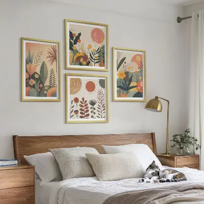 Multi-piece wall art set with boho plant prints and warm patterns