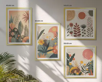 Multi-piece wall art set with boho plant prints and warm patterns