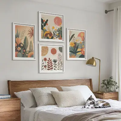 Multi-piece wall art set with boho plant prints and warm patterns