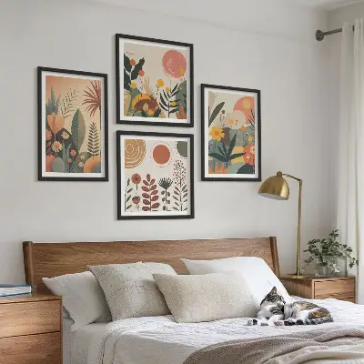 Multi-piece wall art set with boho plant prints and warm patterns