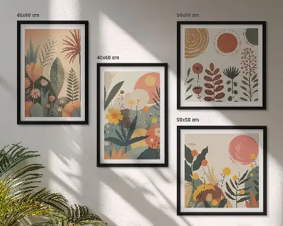 Multi-piece wall art set with boho plant prints and warm patterns