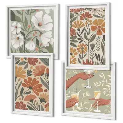 Wall art set with floral patterns in orange and green