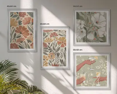 Wall art set with floral patterns in orange and green