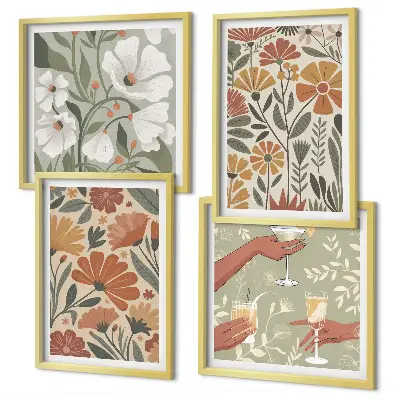 Wall art set with floral patterns in orange and green