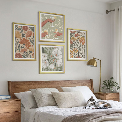 Wall art set Floral patterns orange green