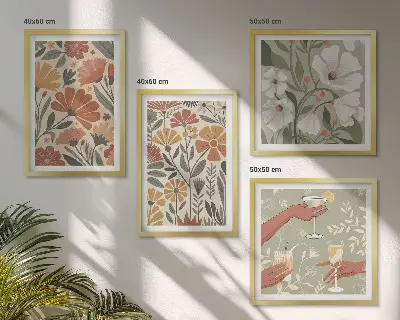 Wall art set with floral patterns in orange and green