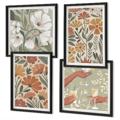 Wall art set Floral patterns orange green