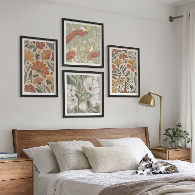 Wall art set Floral patterns orange green