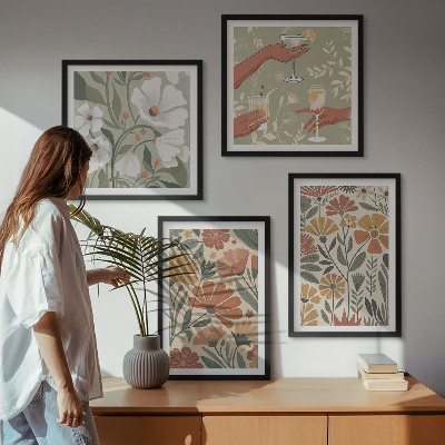 Wall art set Floral patterns orange green