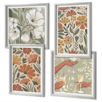 Wall art set with floral patterns in orange and green