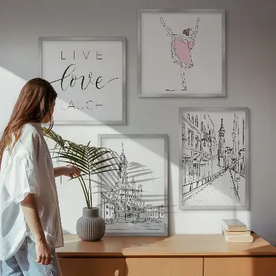 Set of 4 wall art pieces stylish ballerina and architecture graphic prints