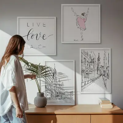 Set of 4 wall art pieces stylish ballerina and architecture graphic prints