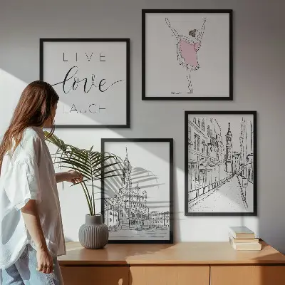 Set of 4 wall art pieces stylish ballerina and architecture graphic prints
