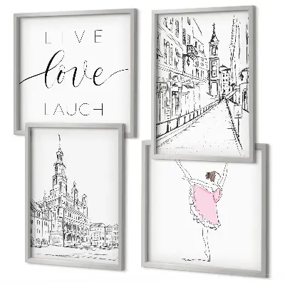 Set of 4 wall art pieces stylish ballerina and architecture graphic prints
