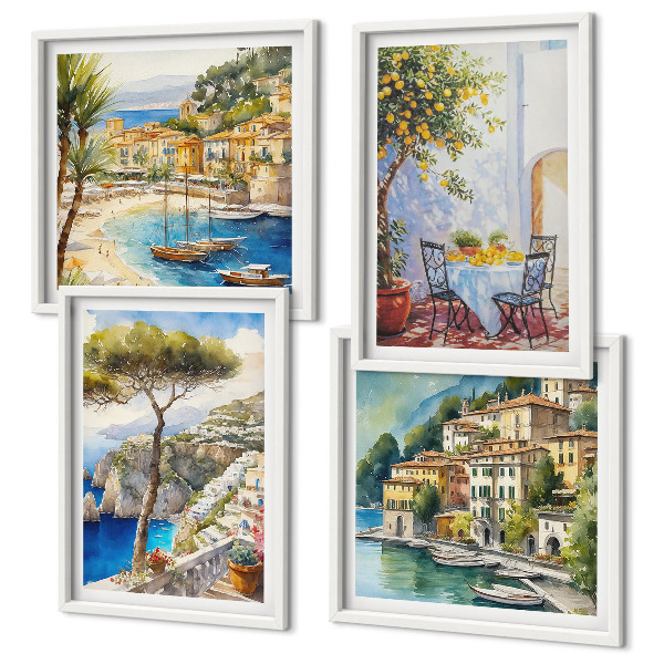 Set of 4 wall art pieces Italian towns watercolor