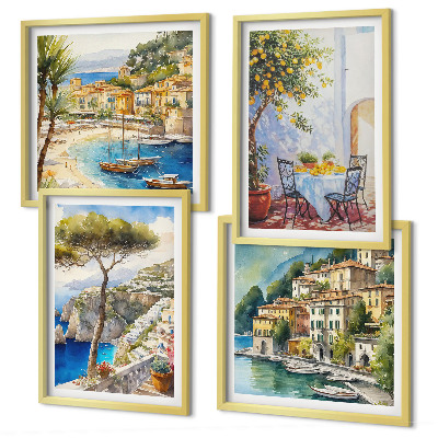 Set of 4 wall art pieces Italian towns watercolor